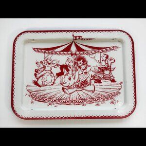 Vintage mid-century Metal Red And White Kids TV Lap Tray Merry Go Round Lavada